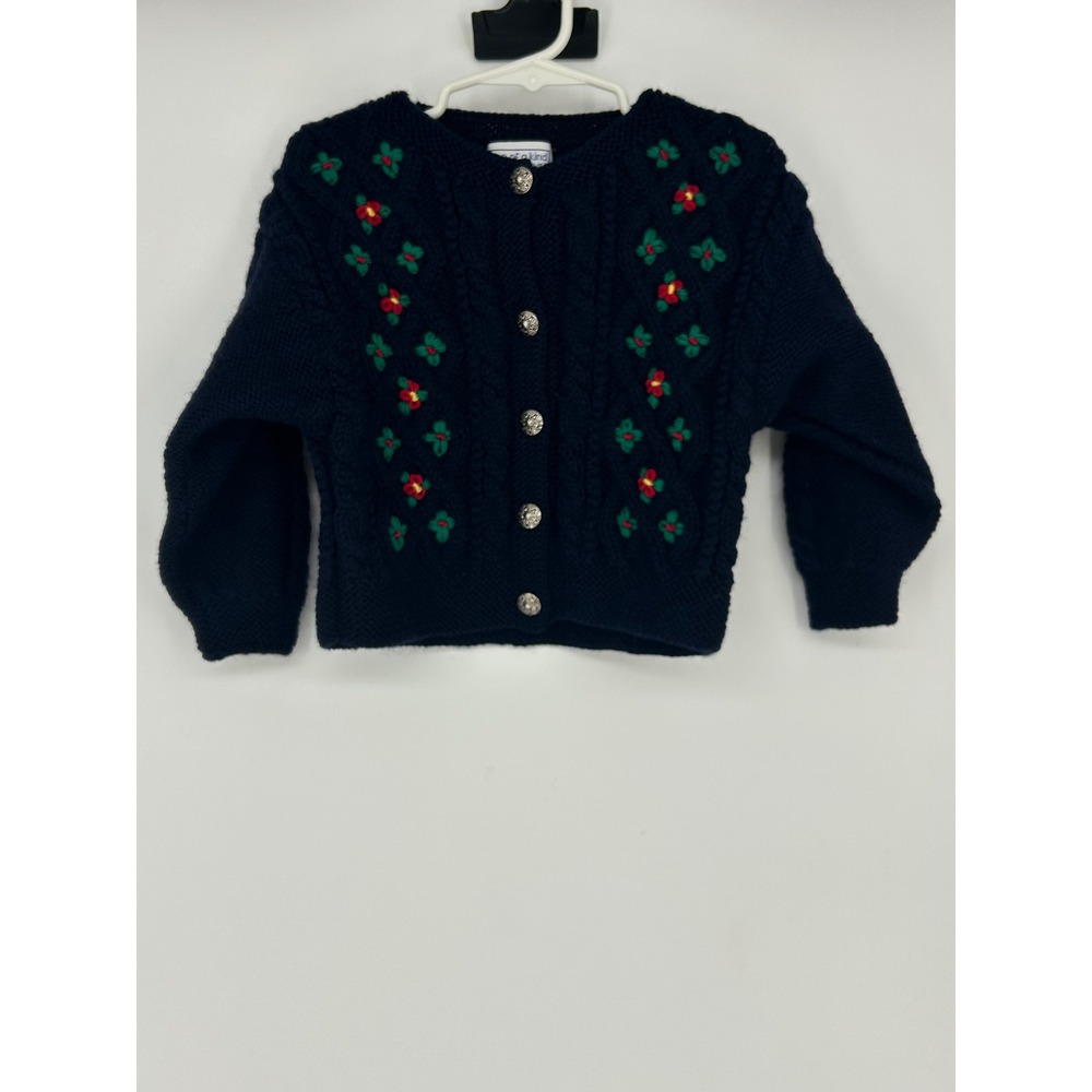 Vintage 100%Virgin Wool One Of A Kind By Shirley Duffy Kids Navy Cardigan-Sz 1-2